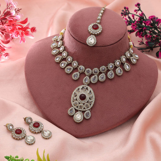 Rotes Kundan-Halsketten-Set, königlicher traditioneller Hochzeitsschmuck mit eleganter Verarbeitung