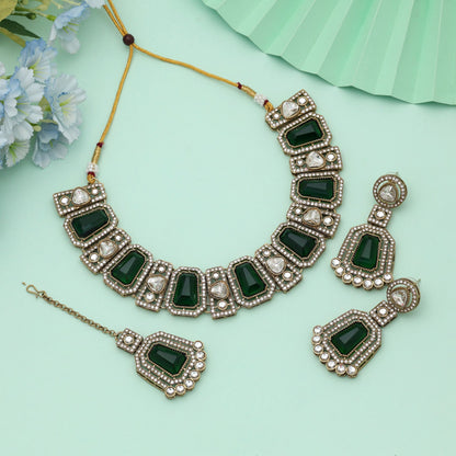 Green Color Kundan Necklace Set Classic Ethnic Party Wear Jewelry With Rich Look