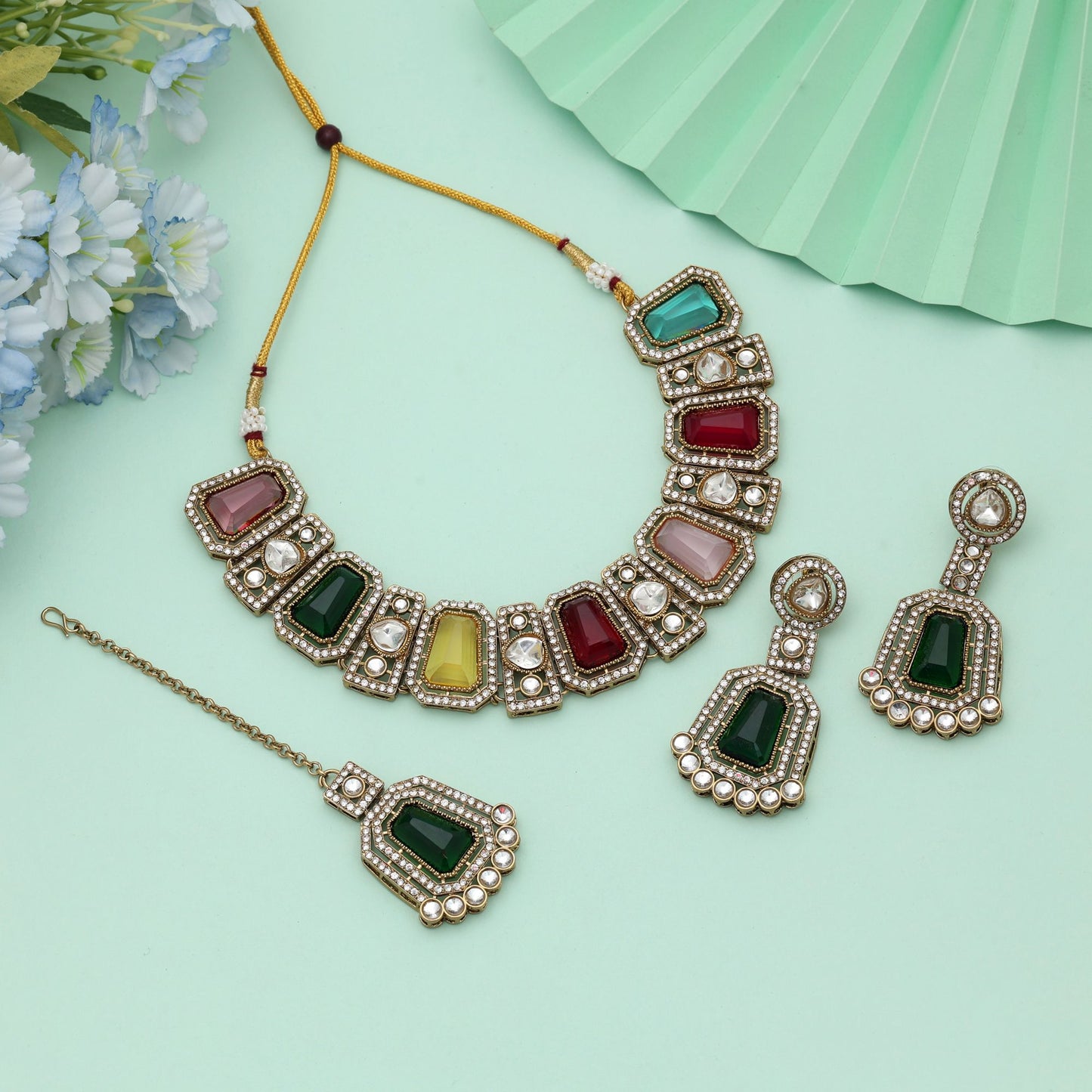 Multi Color Kundan Necklace Set Designer Festive Jewelry With Vibrant Ethnic Look