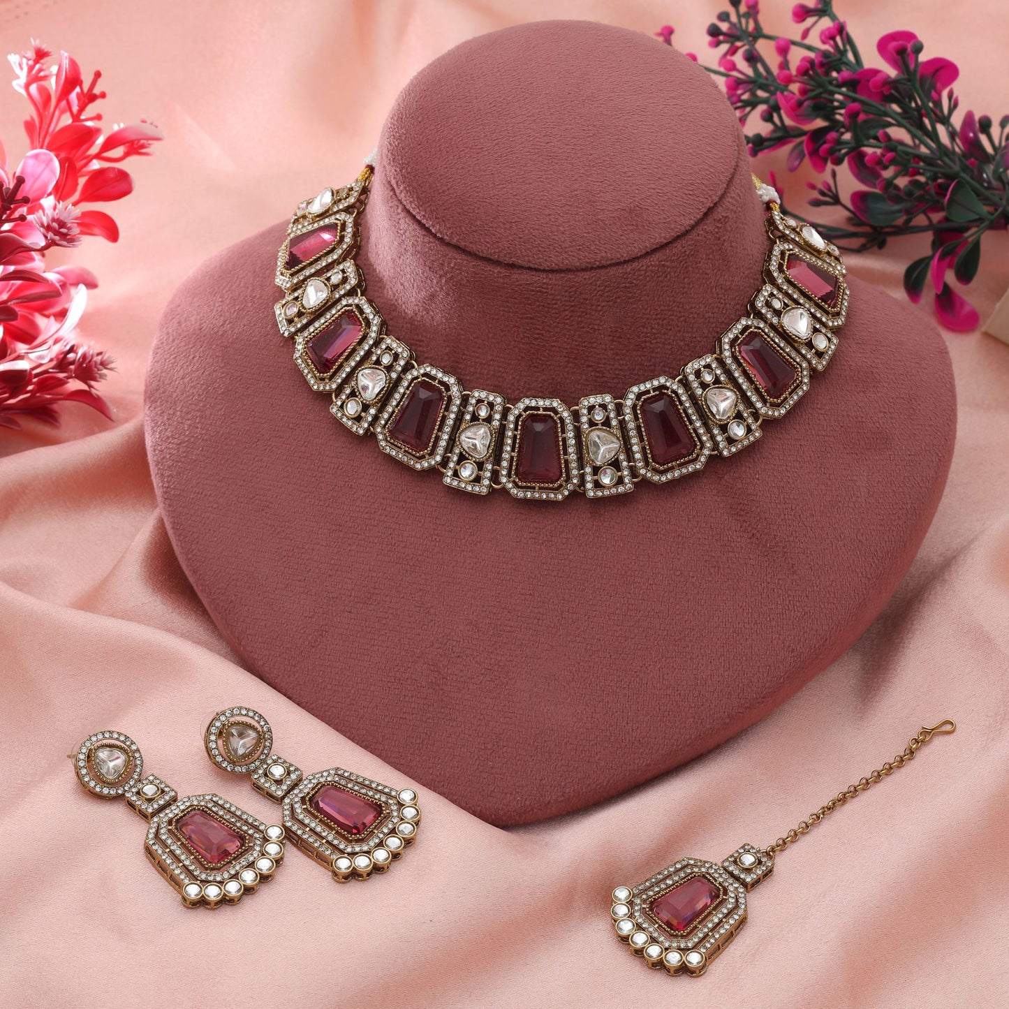 Magenta Color Kundan Necklace Set Vibrant Ethnic Festive Jewelry With Stylish Design
