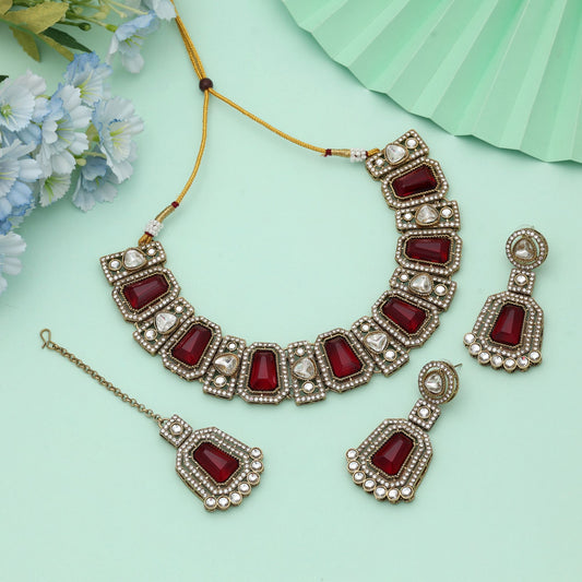 Maroon Color Kundan Necklace Set Royal Bridal Ethnic Jewelry With Timeless Appeal