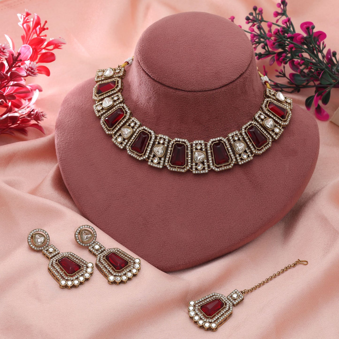 Maroon Color Kundan Necklace Set Royal Bridal Ethnic Jewelry With Timeless Appeal