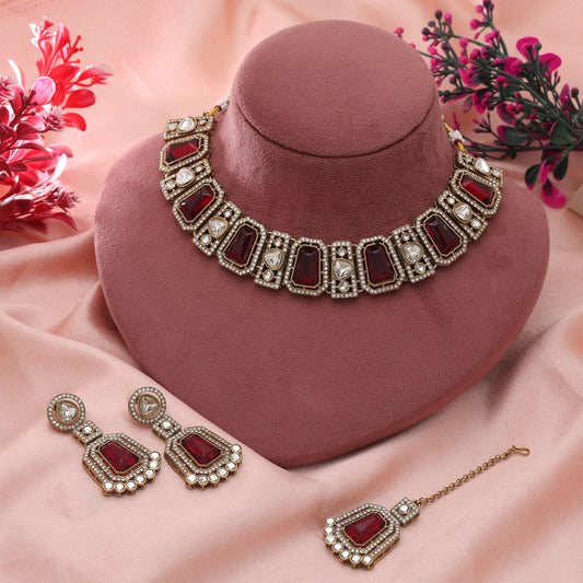 Maroon Color Kundan Necklace Set Royal Bridal Ethnic Jewelry With Timeless Appeal