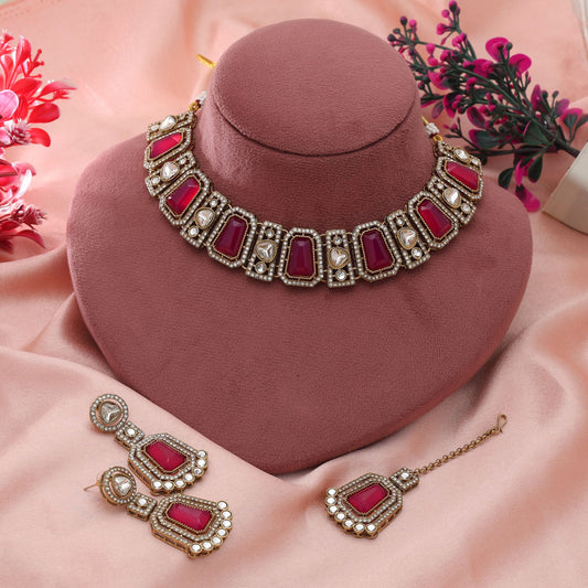 Rani Color Kundan Necklace Set Bold Traditional Bridal Jewelry With Elegant Finish