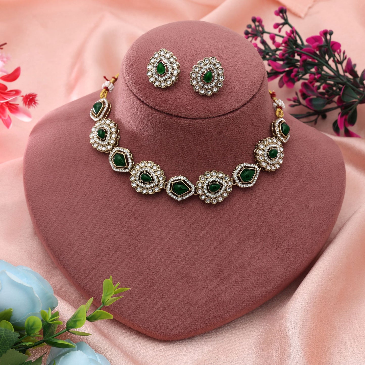 Green Color Kundan Necklace Set Stylish Traditional Jewelry With Festive Ethnic Charm