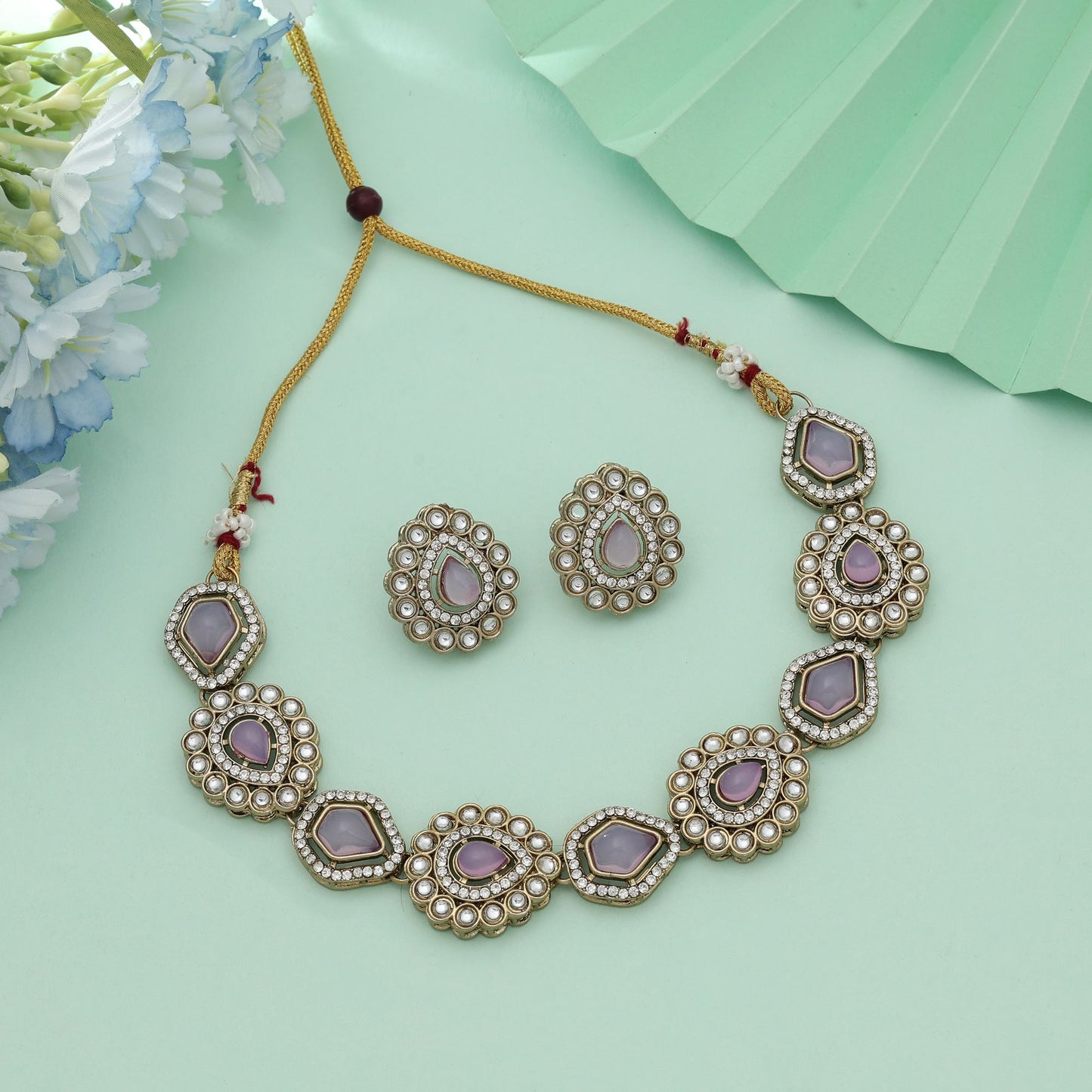 Light Purple Color Kundan Necklace Set Soft Elegant Traditional Jewelry With Unique Style