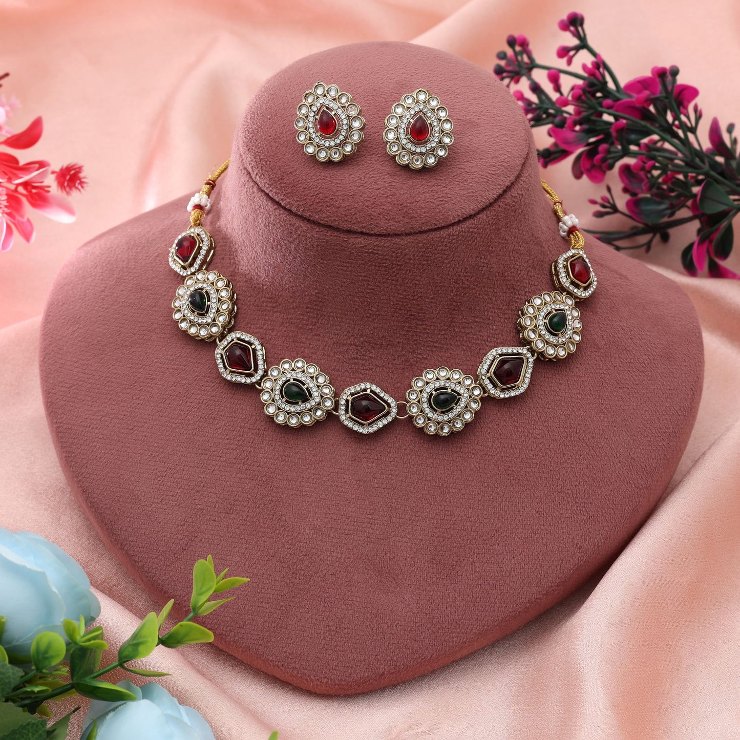 Maroon & Green Color Kundan Necklace Set Dual Tone Royal Wedding Jewelry Design