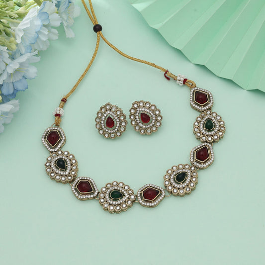 Maroon & Green Color Kundan Necklace Set Dual Tone Royal Wedding Jewelry Design