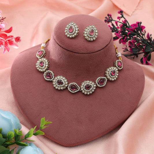 Magenta Color Kundan Necklace Set Premium Ethnic Bridal Jewelry With Stylish Finish