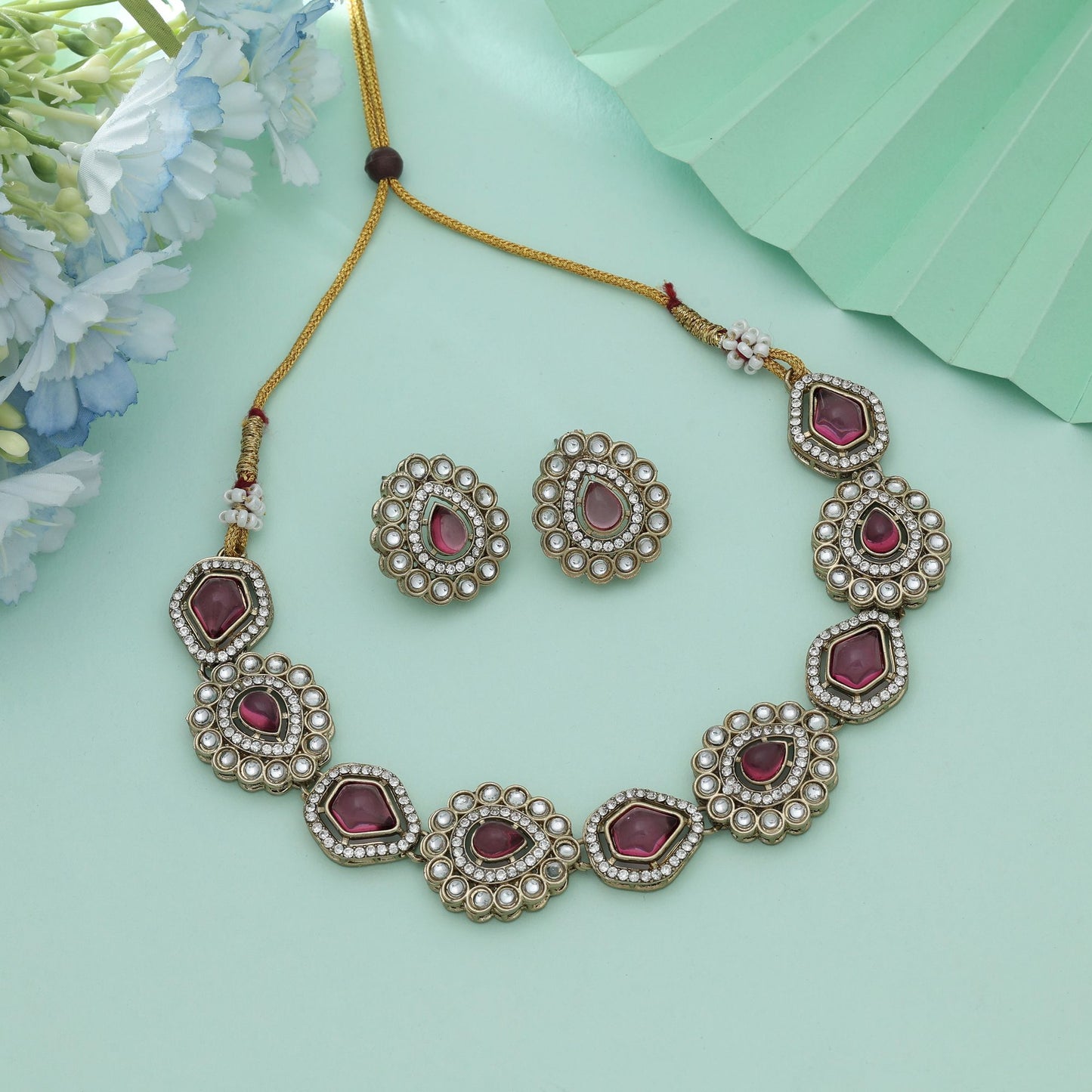 Magenta Color Kundan Necklace Set Premium Ethnic Bridal Jewelry With Stylish Finish