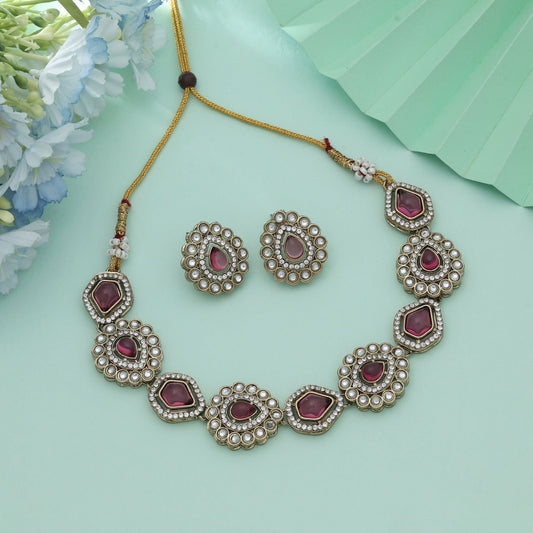 Magenta Color Kundan Necklace Set Premium Ethnic Bridal Jewelry With Stylish Finish