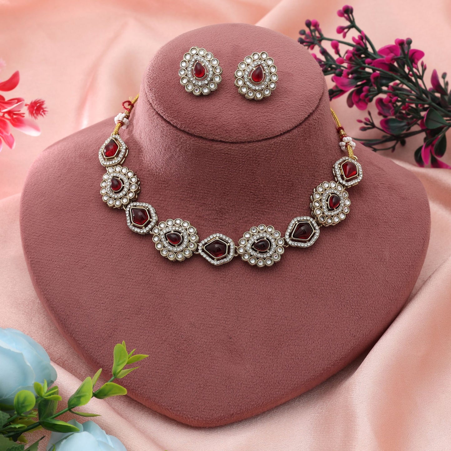 Maroon Color Kundan Necklace Set Rich Bridal Ethnic Jewelry With Timeless Design