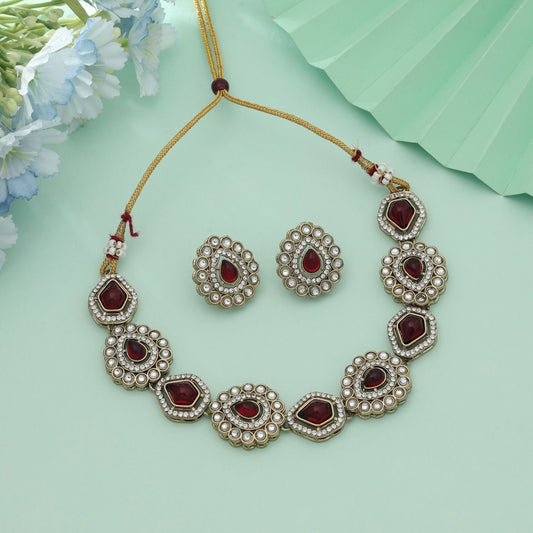 Maroon Color Kundan Necklace Set Rich Bridal Ethnic Jewelry With Timeless Design