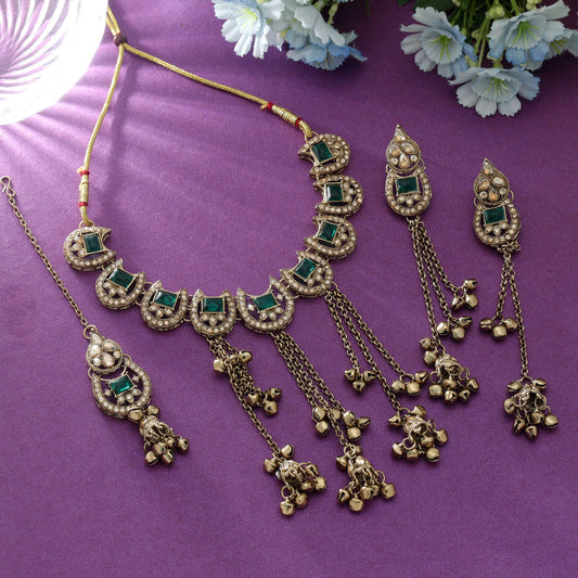 Green Color Kundan Necklace Set Traditional Bridal Ethnic Statement Jewelry Design