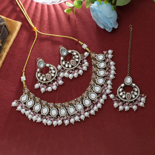 Delicate Light Pink Color Kundan Necklace Set Stylish Bridal Collection