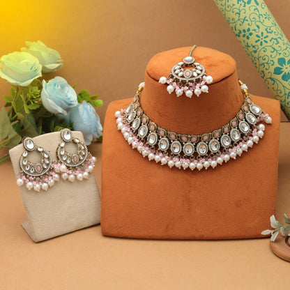 Zartes Hellrosa Kundan-Halsketten-Set Elegante Brautkollektion