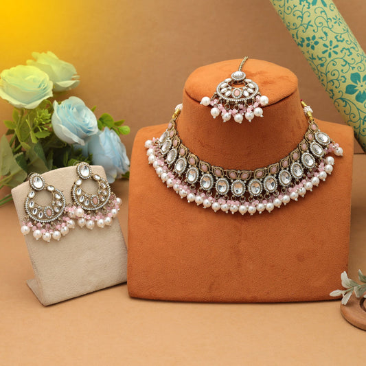 Delicate Light Pink Color Kundan Necklace Set Stylish Bridal Collection