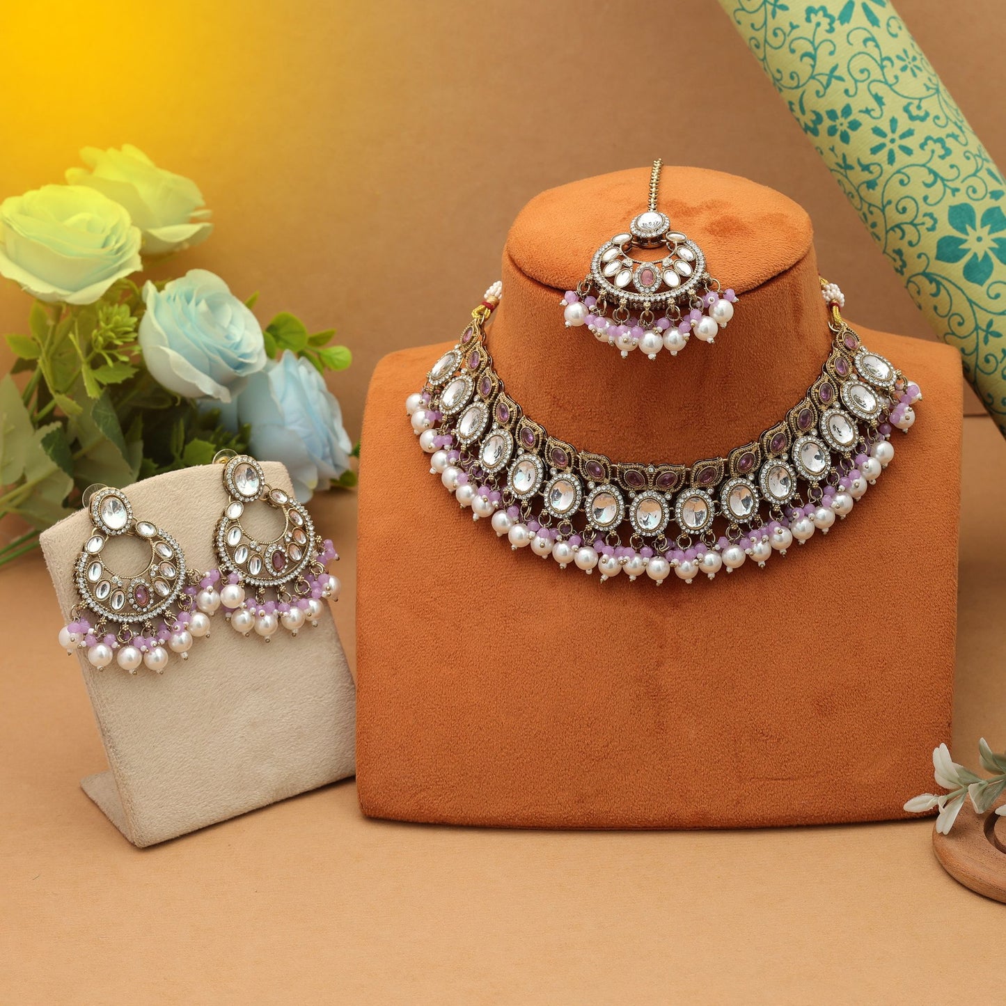 Elegant Light Purple Color Kundan Necklace Set Traditional Bridal Design Collection