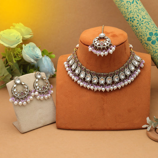 Elegantes hellviolettes Kundan-Halsketten-Set, traditionelle Braut-Designkollektion