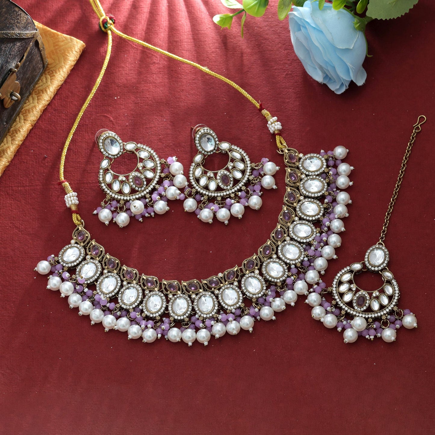 Elegant Light Purple Color Kundan Necklace Set Traditional Bridal Design Collection