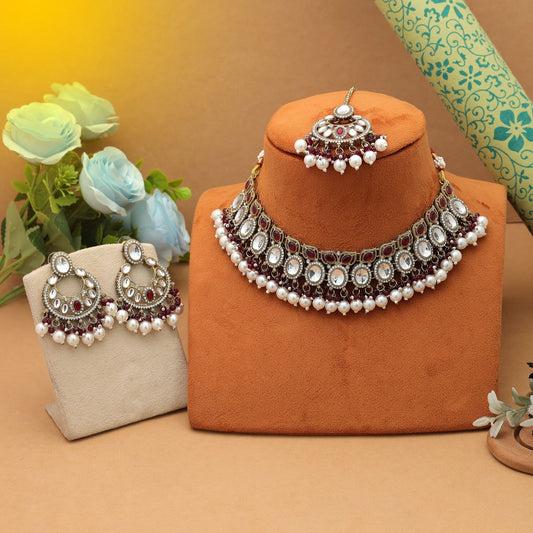 Anmutiges Kundan-Halsketten-Set in kastanienbrauner Farbe, ethnische Partykleidung-Kollektion
