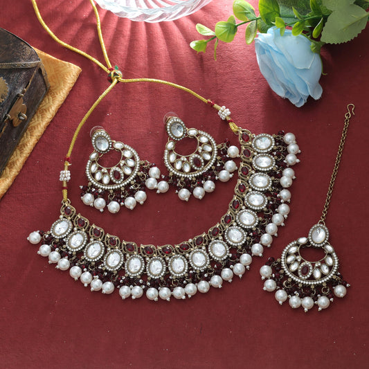 Anmutiges Kundan-Halsketten-Set in kastanienbrauner Farbe, ethnische Partykleidung-Kollektion