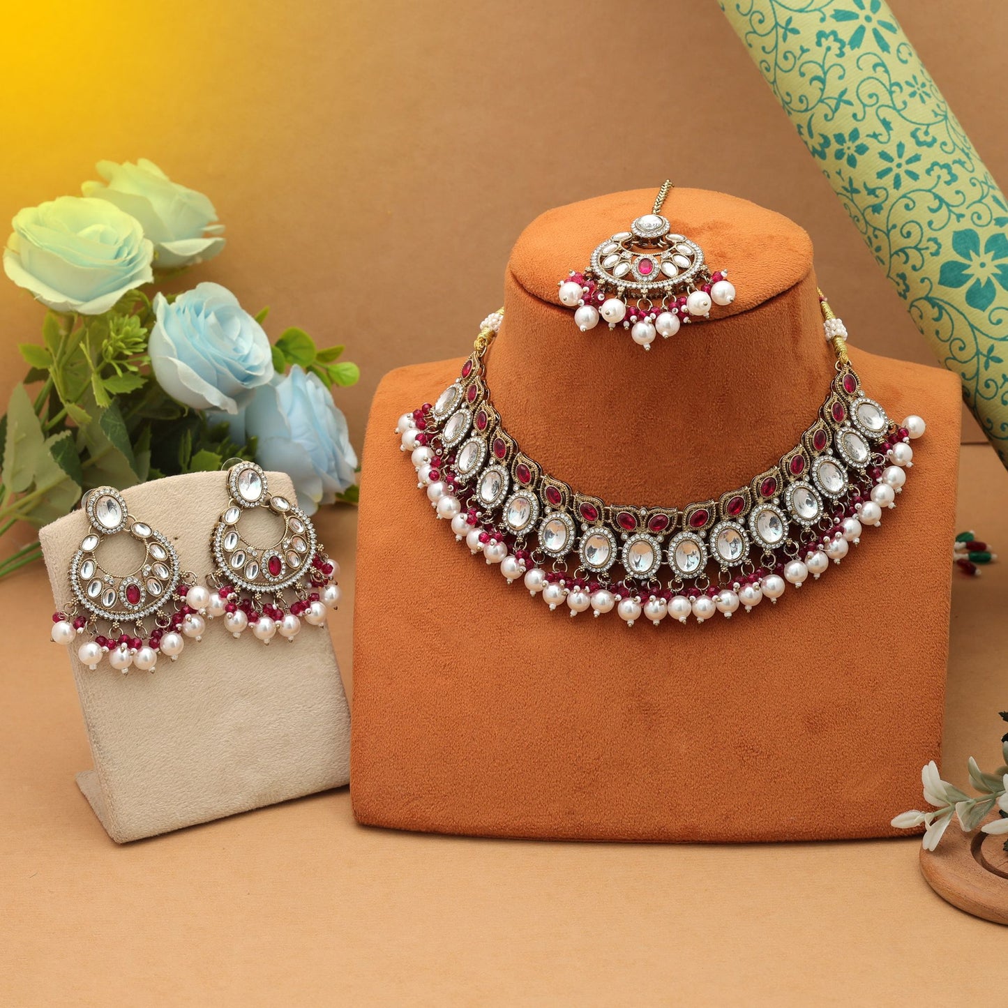 Stunning Rani Color Kundan Necklace Set Traditional Royal Fashion Collection
