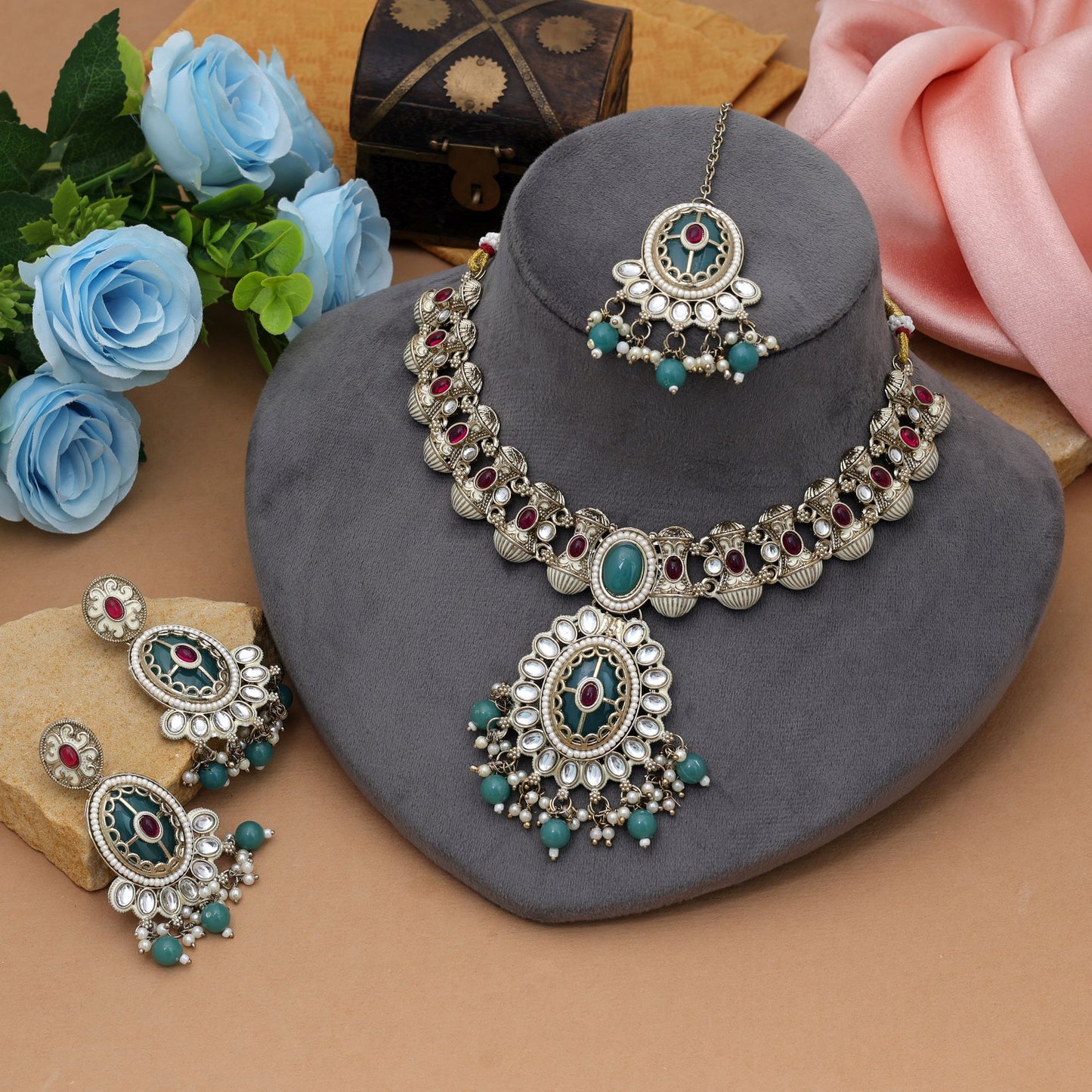 Premium Rani Green Color Kundan Necklace Set Elegant Heritage Collection