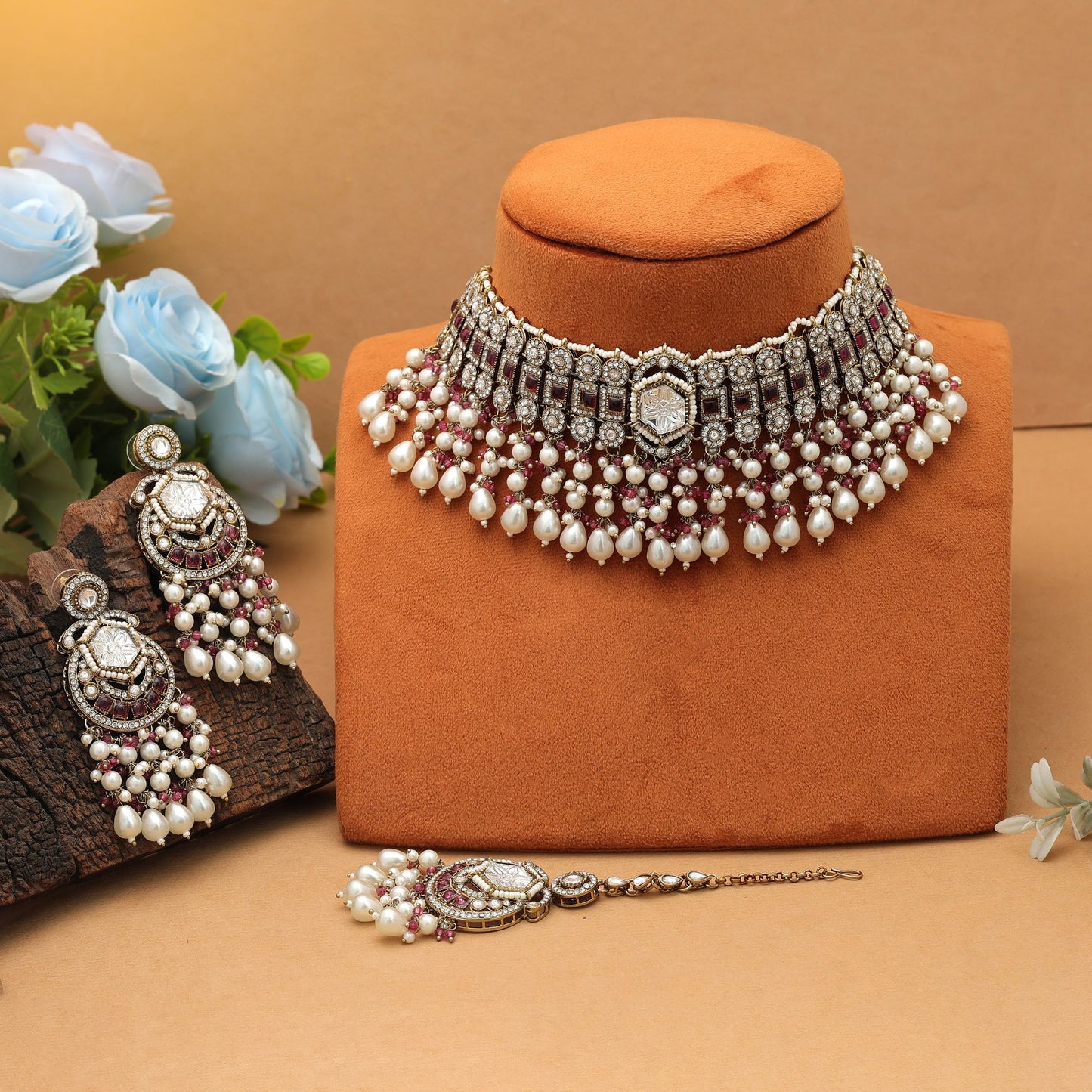 Bold Magenta Color Choker Kundan Necklace Set Designer Look Collection