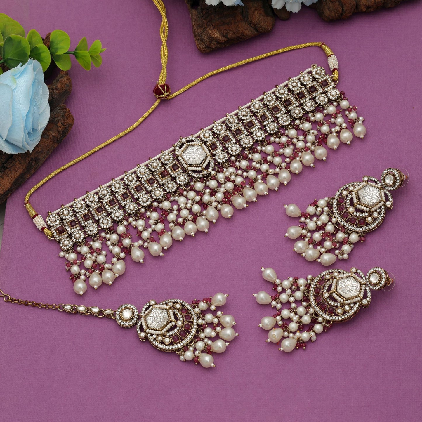 Bold Magenta Color Choker Kundan Necklace Set Designer Look Collection
