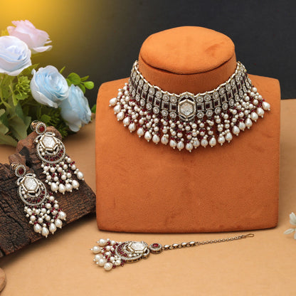 Rich Maroon Color Choker Kundan Necklace Set Festive Glam Collection