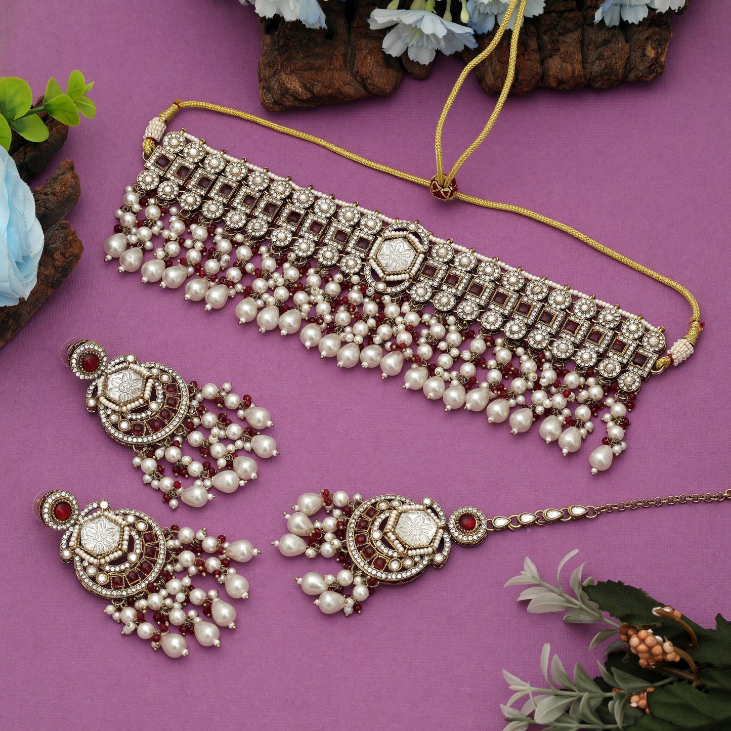 Rich Maroon Color Choker Kundan Necklace Set Festive Glam Collection