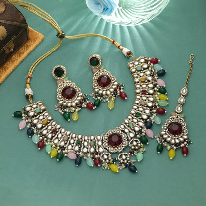 Farbenfrohes Multi-Color Kundan Halsketten-Set Festliche Glamour-Kollektion