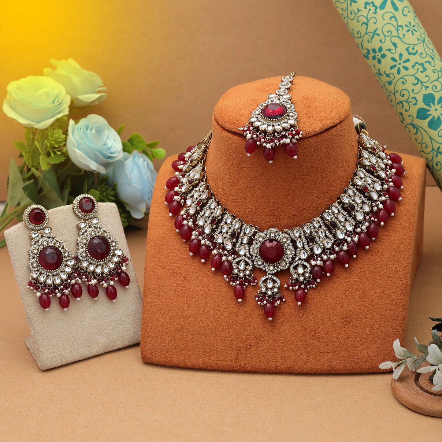 Deep Maroon Color Kundan Necklace Set Royal Ethnic Collection