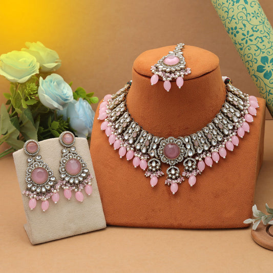 Sweet Pink Color Kundan Necklace Set Charming Wedding Wear Collection