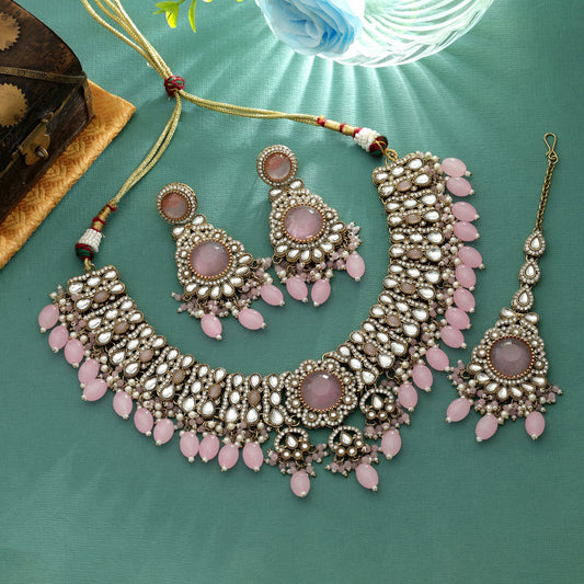 Sweet Pink Color Kundan Necklace Set Charming Wedding Wear Collection