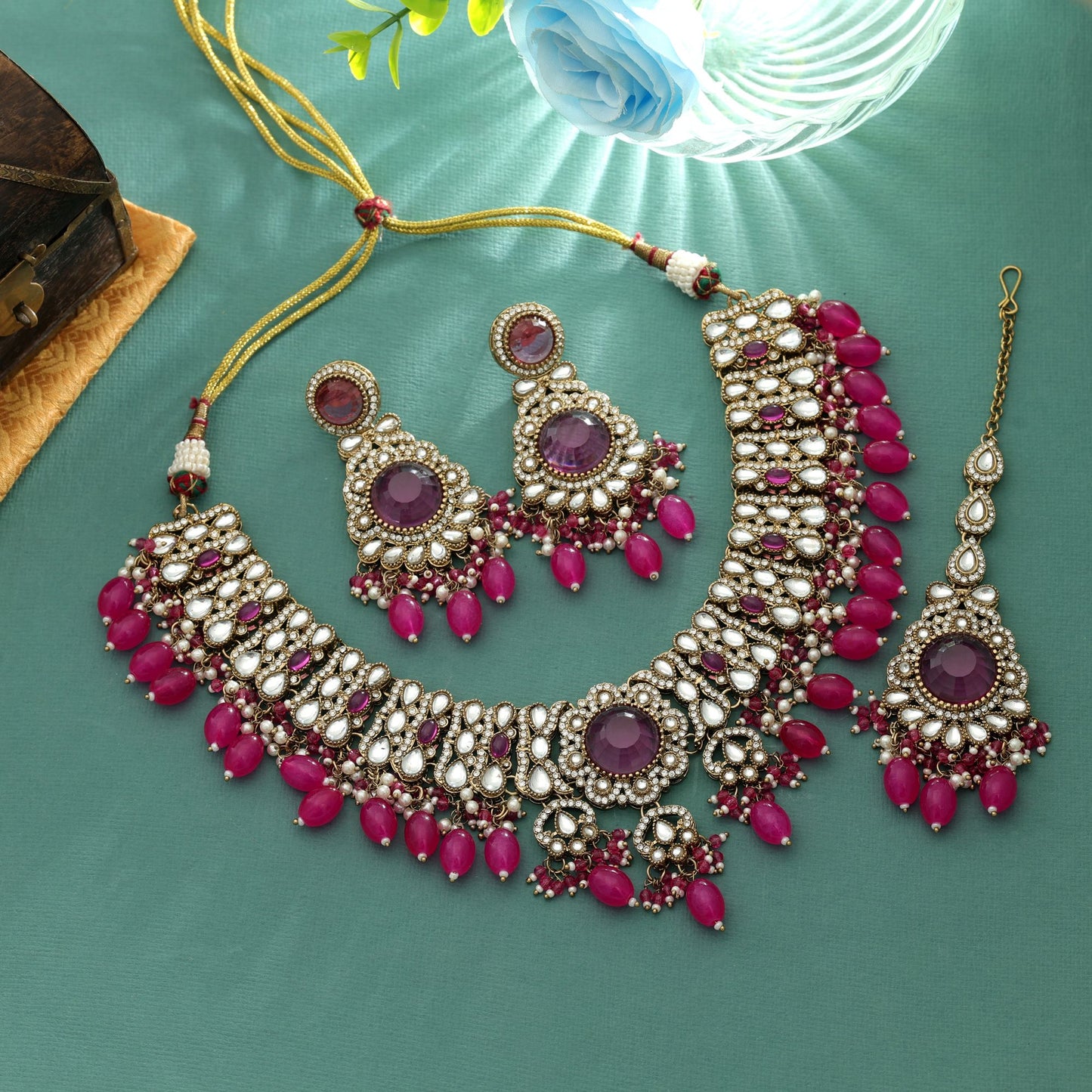 Majestic Rani Color Kundan Necklace Set Traditional Luxury Collection