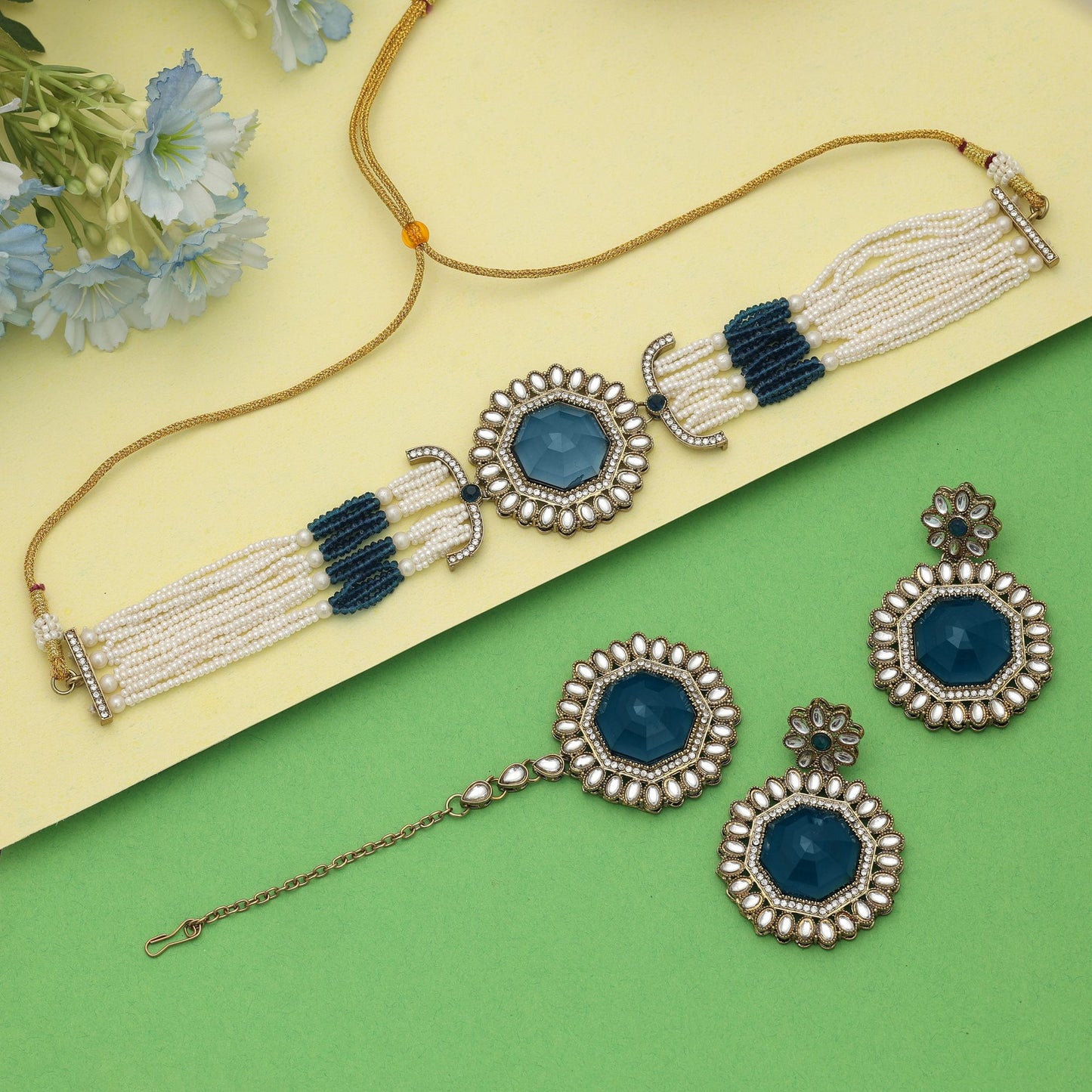 Stilvolles, blaues Choker-Kundan-Halskettenset – Party Glam Kollektion