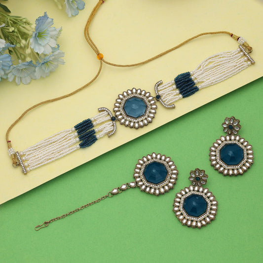 Stilvolles, blaues Choker-Kundan-Halskettenset – Party Glam Kollektion