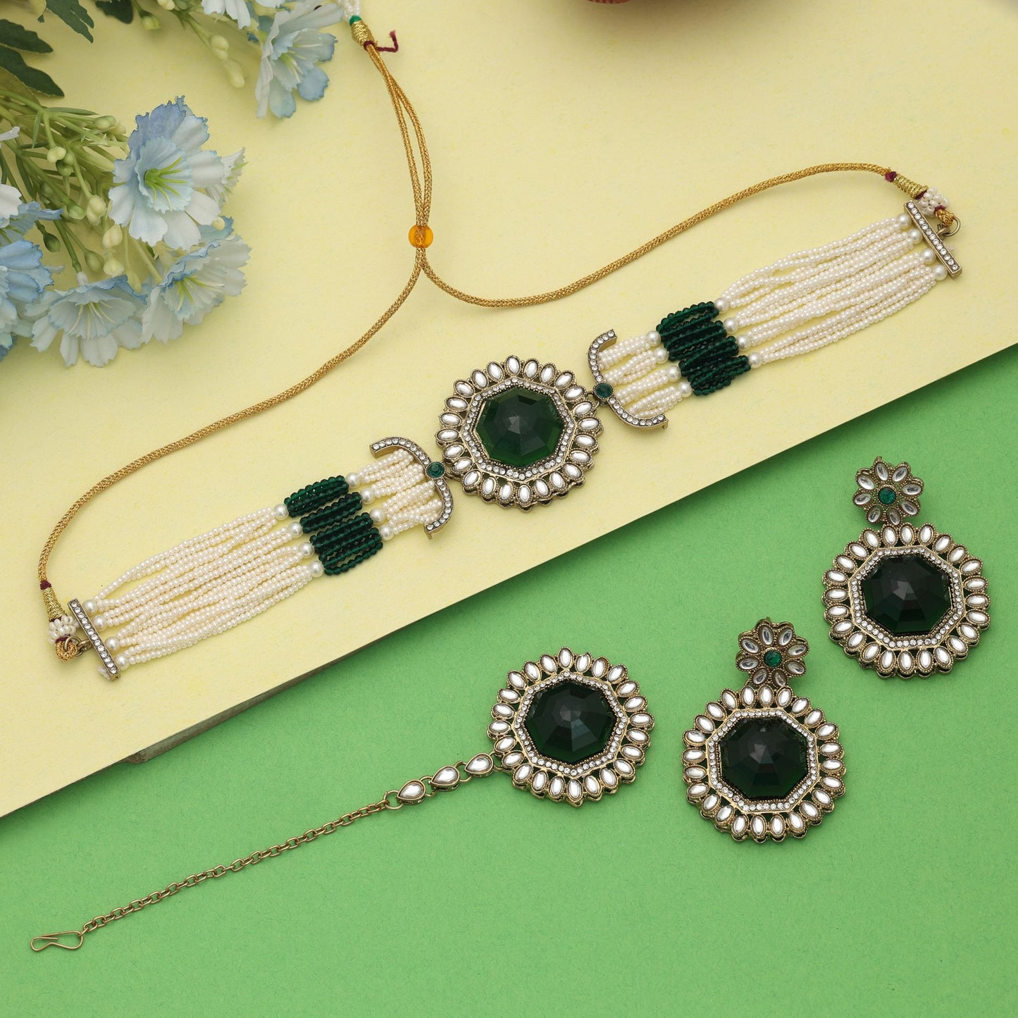 Vibrant Green Color Choker Kundan Necklace Set Elegant Style Collection