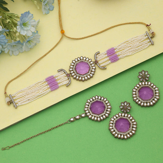 Graceful Light Purple Color Choker Kundan Necklace Set Collection