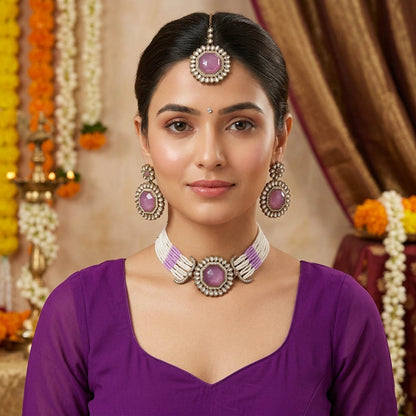 Graceful Light Purple Color Choker Kundan Necklace Set Collection