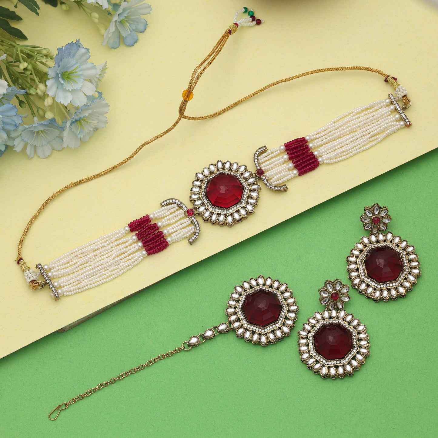 Grand Maroon Color Choker Kundan Necklace Set Premium Design Collection