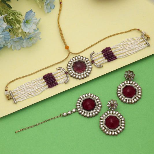 Trendige lila Choker-Kundan-Halskette Modernes Brautkollektion-Set