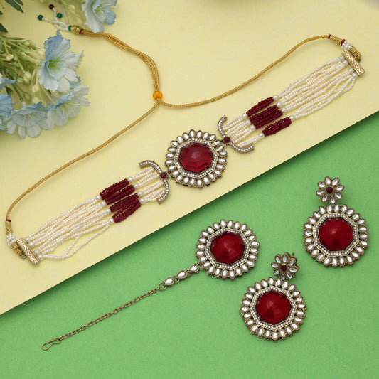 Fett Rote Farbe Choker Kundan Halskette Set Festliche königliche Kollektion
