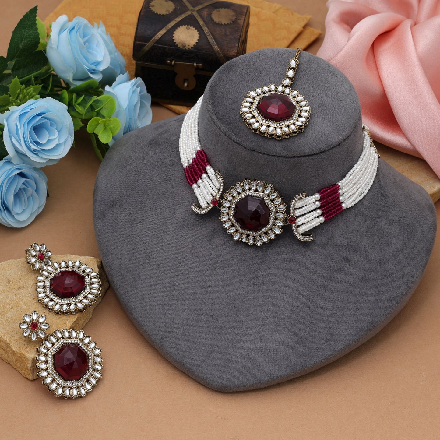 Bold Red Color Choker Kundan Necklace Set Festive Royal Collection