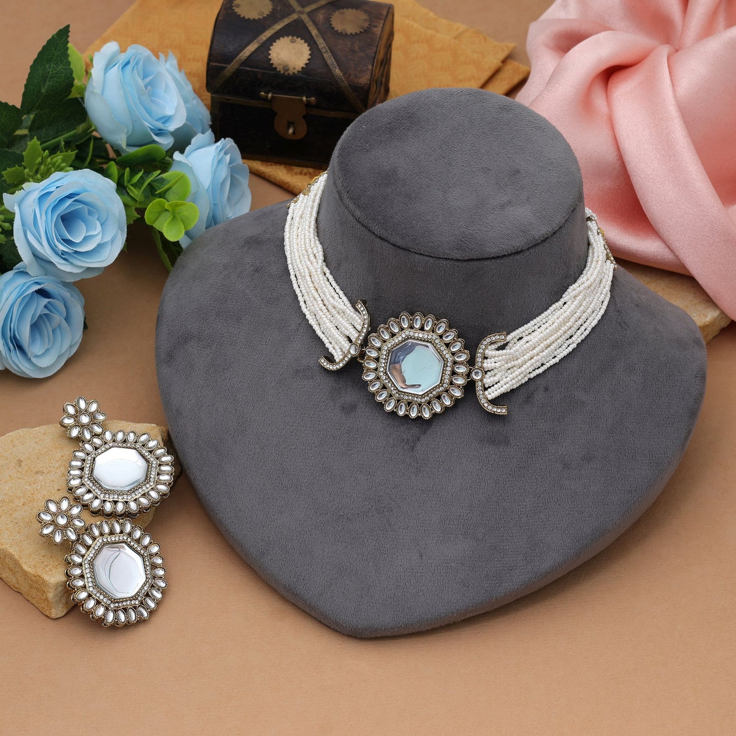 Chic White Color Choker Kundan Necklace Set Elegant Fashion Collection