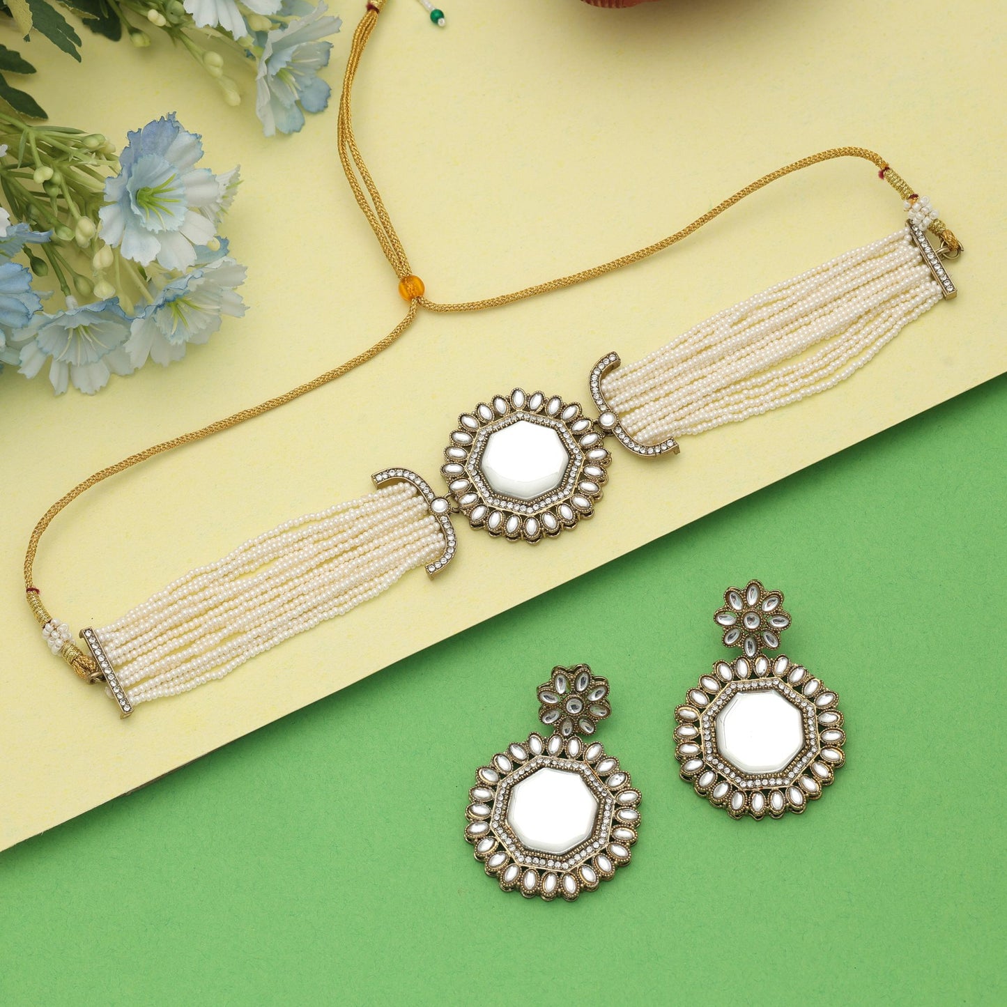 Chic White Color Choker Kundan Necklace Set Elegant Fashion Collection