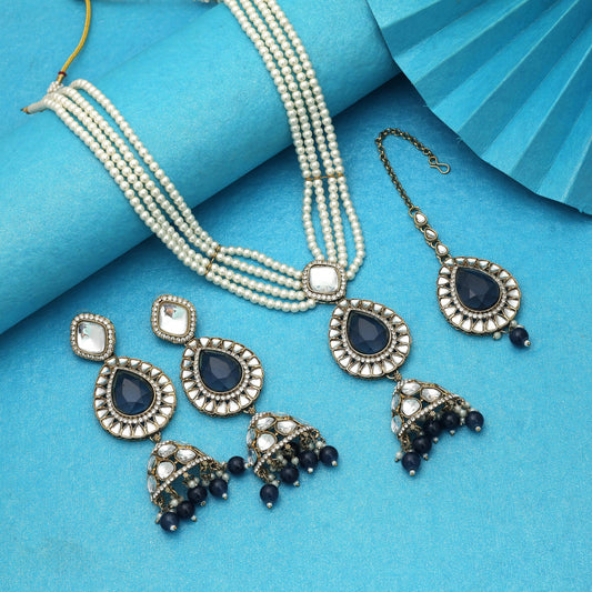 Stylish Blue Color Kundan Necklace Set Modern Party Collection