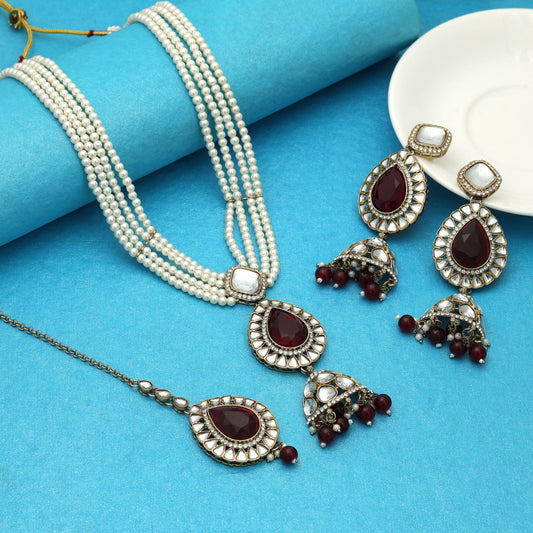 Rich Maronfarbenes Kundan Halsketten-Set Designer Heritage Kollektion
